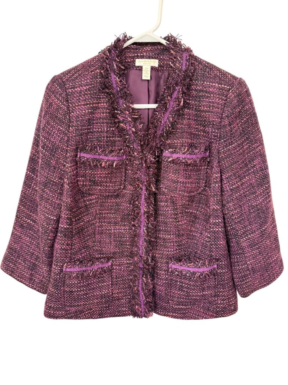 Charter Club Jacket/Blazer Purple Tweed Fringe Crop Petite Womans P/M